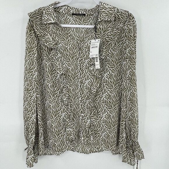 T Tahari Blouse Tops Womens Large Multicolor Tropical Print Long Sleeve Collared - Picture 1 of 14